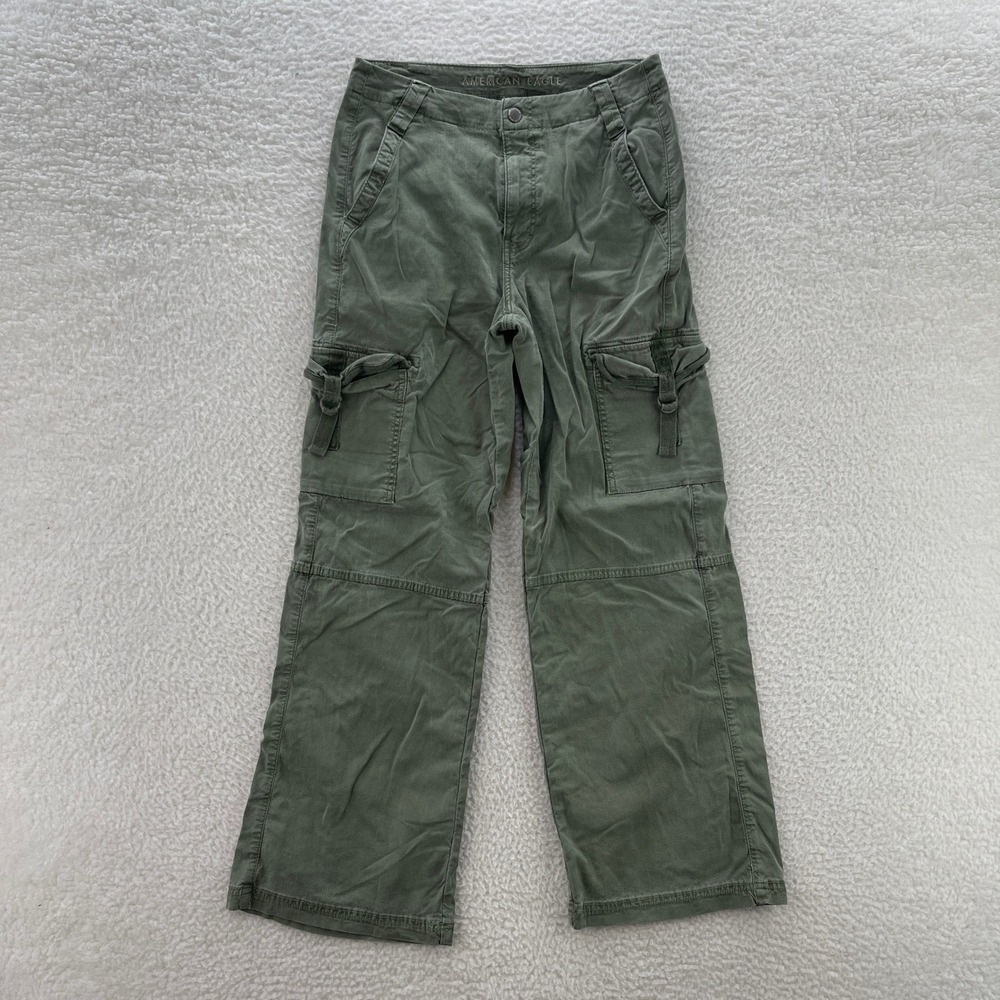 American Eagle Cargo Pants Womens 2 Short Green Super High Rise Baggy Wide Leg
